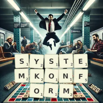 Kreative Illustration für ein Scrabble-Spiel, bei dem das Wort SYSTEMKONFORM mit Steinen auf dem Brett gelegt wurde.