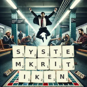 Kreative Illustration für ein Scrabble-Spiel, bei dem das Wort SYSTEMKRITIKEN mit Steinen auf dem Brett gelegt wurde.