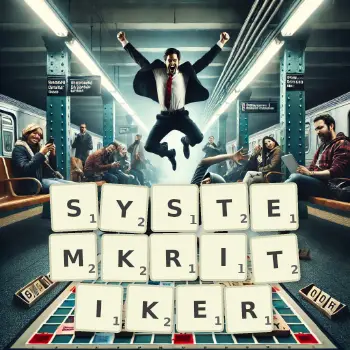Kreative Illustration für ein Scrabble-Spiel, bei dem das Wort SYSTEMKRITIKER mit Steinen auf dem Brett gelegt wurde.