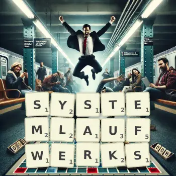 Kreative Illustration für ein Scrabble-Spiel, bei dem das Wort SYSTEMLAUFWERKS mit Steinen auf dem Brett gelegt wurde.
