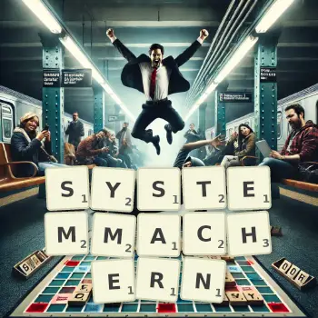 Kreative Illustration für ein Scrabble-Spiel, bei dem das Wort SYSTEMMACHERN mit Steinen auf dem Brett gelegt wurde.