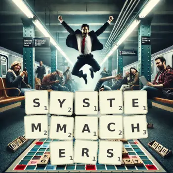 Kreative Illustration für ein Scrabble-Spiel, bei dem das Wort SYSTEMMACHERS mit Steinen auf dem Brett gelegt wurde.