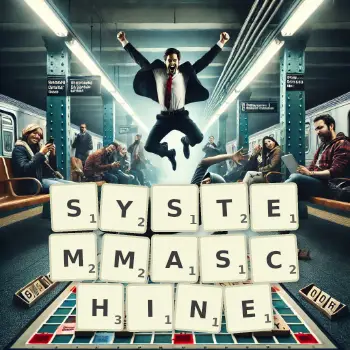 Kreative Illustration für ein Scrabble-Spiel, bei dem das Wort SYSTEMMASCHINE mit Steinen auf dem Brett gelegt wurde.