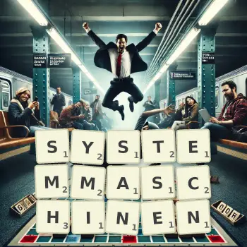 Kreative Illustration für ein Scrabble-Spiel, bei dem das Wort SYSTEMMASCHINEN mit Steinen auf dem Brett gelegt wurde.