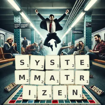 Kreative Illustration für ein Scrabble-Spiel, bei dem das Wort SYSTEMMATRIZEN mit Steinen auf dem Brett gelegt wurde.