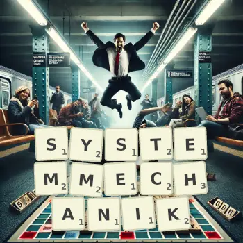 Kreative Illustration für ein Scrabble-Spiel, bei dem das Wort SYSTEMMECHANIK mit Steinen auf dem Brett gelegt wurde.