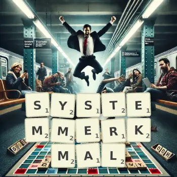 Kreative Illustration für ein Scrabble-Spiel, bei dem das Wort SYSTEMMERKMAL mit Steinen auf dem Brett gelegt wurde.