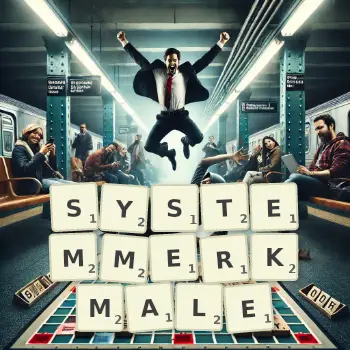 Kreative Illustration für ein Scrabble-Spiel, bei dem das Wort SYSTEMMERKMALE mit Steinen auf dem Brett gelegt wurde.