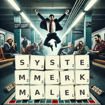 Kreative Illustration für ein Scrabble-Spiel, bei dem das Wort SYSTEMMERKMALEN mit Steinen auf dem Brett gelegt wurde.