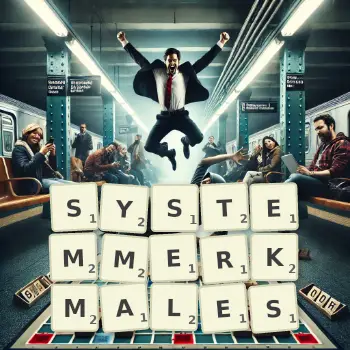 Kreative Illustration für ein Scrabble-Spiel, bei dem das Wort SYSTEMMERKMALES mit Steinen auf dem Brett gelegt wurde.