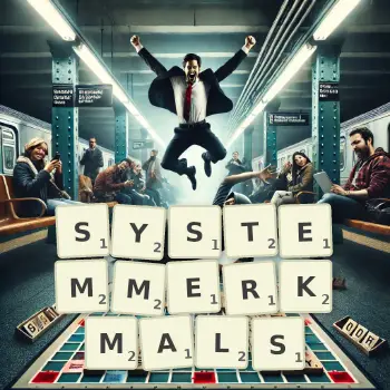 Kreative Illustration für ein Scrabble-Spiel, bei dem das Wort SYSTEMMERKMALS mit Steinen auf dem Brett gelegt wurde.