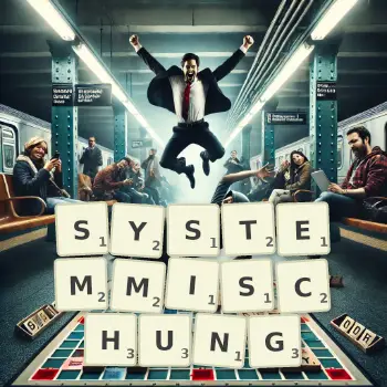 Kreative Illustration für ein Scrabble-Spiel, bei dem das Wort SYSTEMMISCHUNG mit Steinen auf dem Brett gelegt wurde.