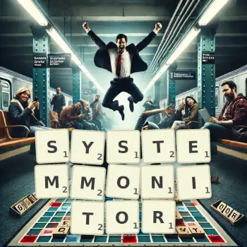 Kreative Illustration für ein Scrabble-Spiel, bei dem das Wort SYSTEMMONITOR mit Steinen auf dem Brett gelegt wurde.