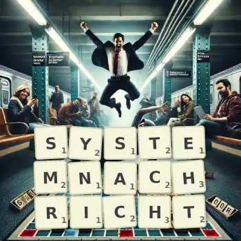 Kreative Illustration für ein Scrabble-Spiel, bei dem das Wort SYSTEMNACHRICHT mit Steinen auf dem Brett gelegt wurde.