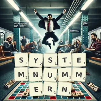 Kreative Illustration für ein Scrabble-Spiel, bei dem das Wort SYSTEMNUMMERN mit Steinen auf dem Brett gelegt wurde.