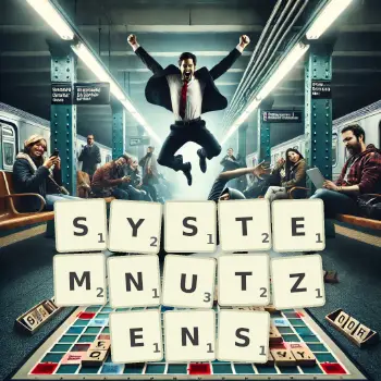 Kreative Illustration für ein Scrabble-Spiel, bei dem das Wort SYSTEMNUTZENS mit Steinen auf dem Brett gelegt wurde.