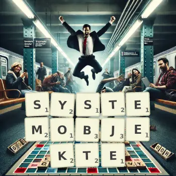 Kreative Illustration für ein Scrabble-Spiel, bei dem das Wort SYSTEMOBJEKTE mit Steinen auf dem Brett gelegt wurde.