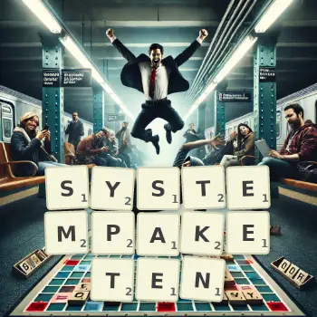 Kreative Illustration für ein Scrabble-Spiel, bei dem das Wort SYSTEMPAKETEN mit Steinen auf dem Brett gelegt wurde.