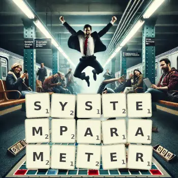 Kreative Illustration für ein Scrabble-Spiel, bei dem das Wort SYSTEMPARAMETER mit Steinen auf dem Brett gelegt wurde.