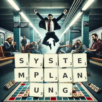 Kreative Illustration für ein Scrabble-Spiel, bei dem das Wort SYSTEMPLANUNG mit Steinen auf dem Brett gelegt wurde.