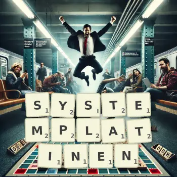 Kreative Illustration für ein Scrabble-Spiel, bei dem das Wort SYSTEMPLATINEN mit Steinen auf dem Brett gelegt wurde.