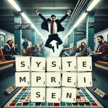 Kreative Illustration für ein Scrabble-Spiel, bei dem das Wort SYSTEMPREISEN mit Steinen auf dem Brett gelegt wurde.