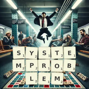 Kreative Illustration für ein Scrabble-Spiel, bei dem das Wort SYSTEMPROBLEM mit Steinen auf dem Brett gelegt wurde.