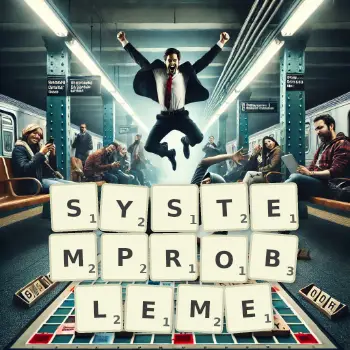 Kreative Illustration für ein Scrabble-Spiel, bei dem das Wort SYSTEMPROBLEME mit Steinen auf dem Brett gelegt wurde.