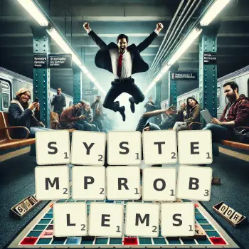Kreative Illustration für ein Scrabble-Spiel, bei dem das Wort SYSTEMPROBLEMS mit Steinen auf dem Brett gelegt wurde.