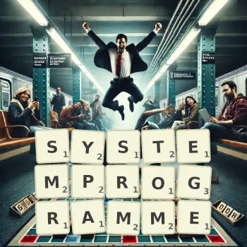 Kreative Illustration für ein Scrabble-Spiel, bei dem das Wort SYSTEMPROGRAMME mit Steinen auf dem Brett gelegt wurde.