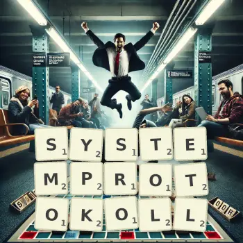 Kreative Illustration für ein Scrabble-Spiel, bei dem das Wort SYSTEMPROTOKOLL mit Steinen auf dem Brett gelegt wurde.