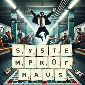 Kreative Illustration für ein Scrabble-Spiel, bei dem das Wort SYSTEMPRÜFHAUS mit Steinen auf dem Brett gelegt wurde.