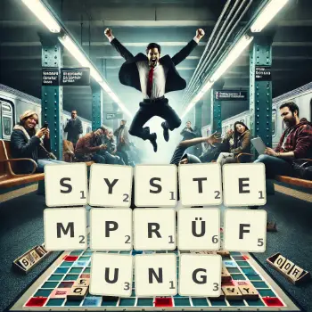 Kreative Illustration für ein Scrabble-Spiel, bei dem das Wort SYSTEMPRÜFUNG mit Steinen auf dem Brett gelegt wurde.