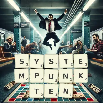 Kreative Illustration für ein Scrabble-Spiel, bei dem das Wort SYSTEMPUNKTEN mit Steinen auf dem Brett gelegt wurde.