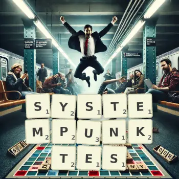 Kreative Illustration für ein Scrabble-Spiel, bei dem das Wort SYSTEMPUNKTES mit Steinen auf dem Brett gelegt wurde.