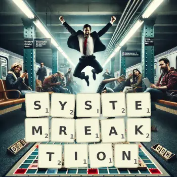 Kreative Illustration für ein Scrabble-Spiel, bei dem das Wort SYSTEMREAKTION mit Steinen auf dem Brett gelegt wurde.