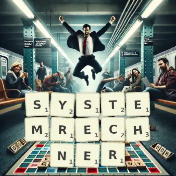 Kreative Illustration für ein Scrabble-Spiel, bei dem das Wort SYSTEMRECHNER mit Steinen auf dem Brett gelegt wurde.