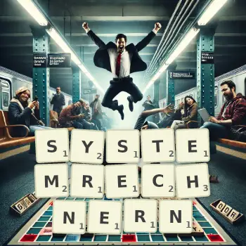 Kreative Illustration für ein Scrabble-Spiel, bei dem das Wort SYSTEMRECHNERN mit Steinen auf dem Brett gelegt wurde.