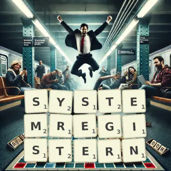 Kreative Illustration für ein Scrabble-Spiel, bei dem das Wort SYSTEMREGISTERN mit Steinen auf dem Brett gelegt wurde.