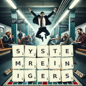 Kreative Illustration für ein Scrabble-Spiel, bei dem das Wort SYSTEMREINIGERS mit Steinen auf dem Brett gelegt wurde.
