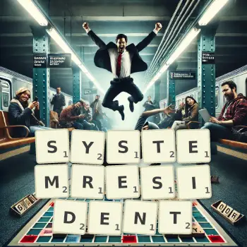 Kreative Illustration für ein Scrabble-Spiel, bei dem das Wort SYSTEMRESIDENT mit Steinen auf dem Brett gelegt wurde.