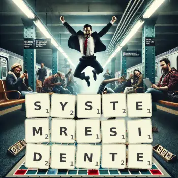 Kreative Illustration für ein Scrabble-Spiel, bei dem das Wort SYSTEMRESIDENTE mit Steinen auf dem Brett gelegt wurde.