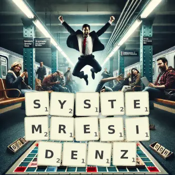 Kreative Illustration für ein Scrabble-Spiel, bei dem das Wort SYSTEMRESIDENZ mit Steinen auf dem Brett gelegt wurde.