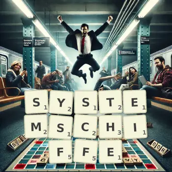 Kreative Illustration für ein Scrabble-Spiel, bei dem das Wort SYSTEMSCHIFFE mit Steinen auf dem Brett gelegt wurde.