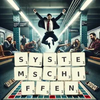 Kreative Illustration für ein Scrabble-Spiel, bei dem das Wort SYSTEMSCHIFFEN mit Steinen auf dem Brett gelegt wurde.