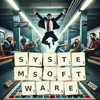 Kreative Illustration für ein Scrabble-Spiel, bei dem das Wort SYSTEMSOFTWARE mit Steinen auf dem Brett gelegt wurde.