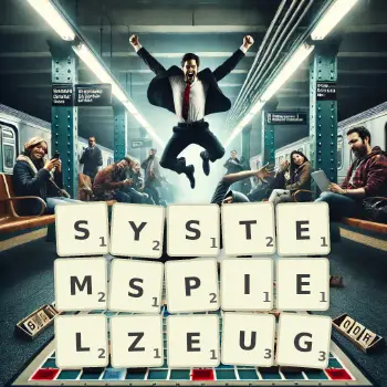Kreative Illustration für ein Scrabble-Spiel, bei dem das Wort SYSTEMSPIELZEUG mit Steinen auf dem Brett gelegt wurde.