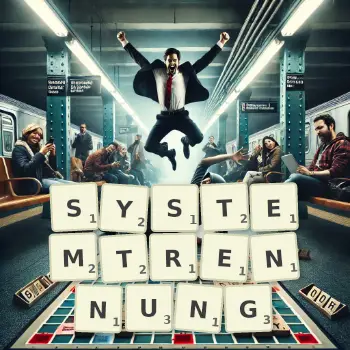 Kreative Illustration für ein Scrabble-Spiel, bei dem das Wort SYSTEMTRENNUNG mit Steinen auf dem Brett gelegt wurde.