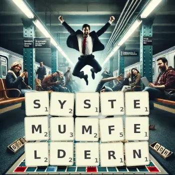 Kreative Illustration für ein Scrabble-Spiel, bei dem das Wort SYSTEMUMFELDERN mit Steinen auf dem Brett gelegt wurde.
