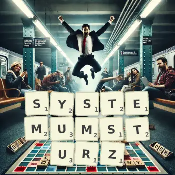 Kreative Illustration für ein Scrabble-Spiel, bei dem das Wort SYSTEMUMSTURZ mit Steinen auf dem Brett gelegt wurde.